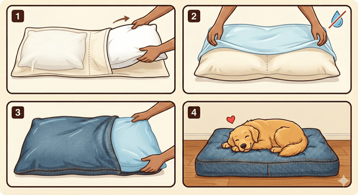How to assemble your Dazzling Doggie Duvet: 1. Open the duvet cover to reveal pillow pockets, 2. Insert standard bed pillows into the pockets, 3. Lay the waterproof liner on top of the pillows inside the duvet, 4. Close it up and let your pup enjoy